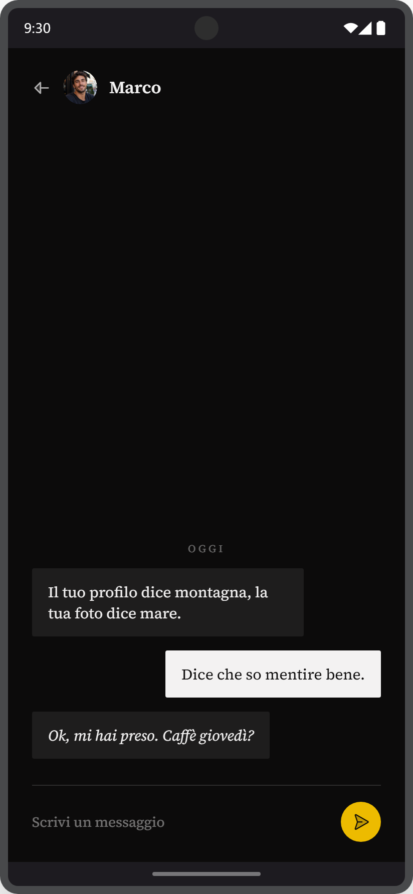 LiMoon chat screen: a conversation with Marco and the field to write a message