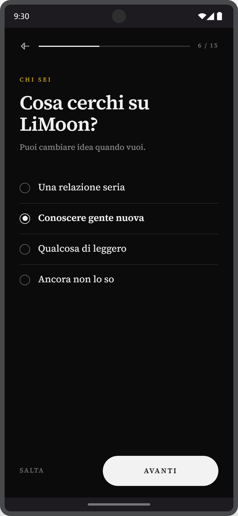 LiMoon onboarding: the question «What are you looking for on LiMoon?» with the possible answers