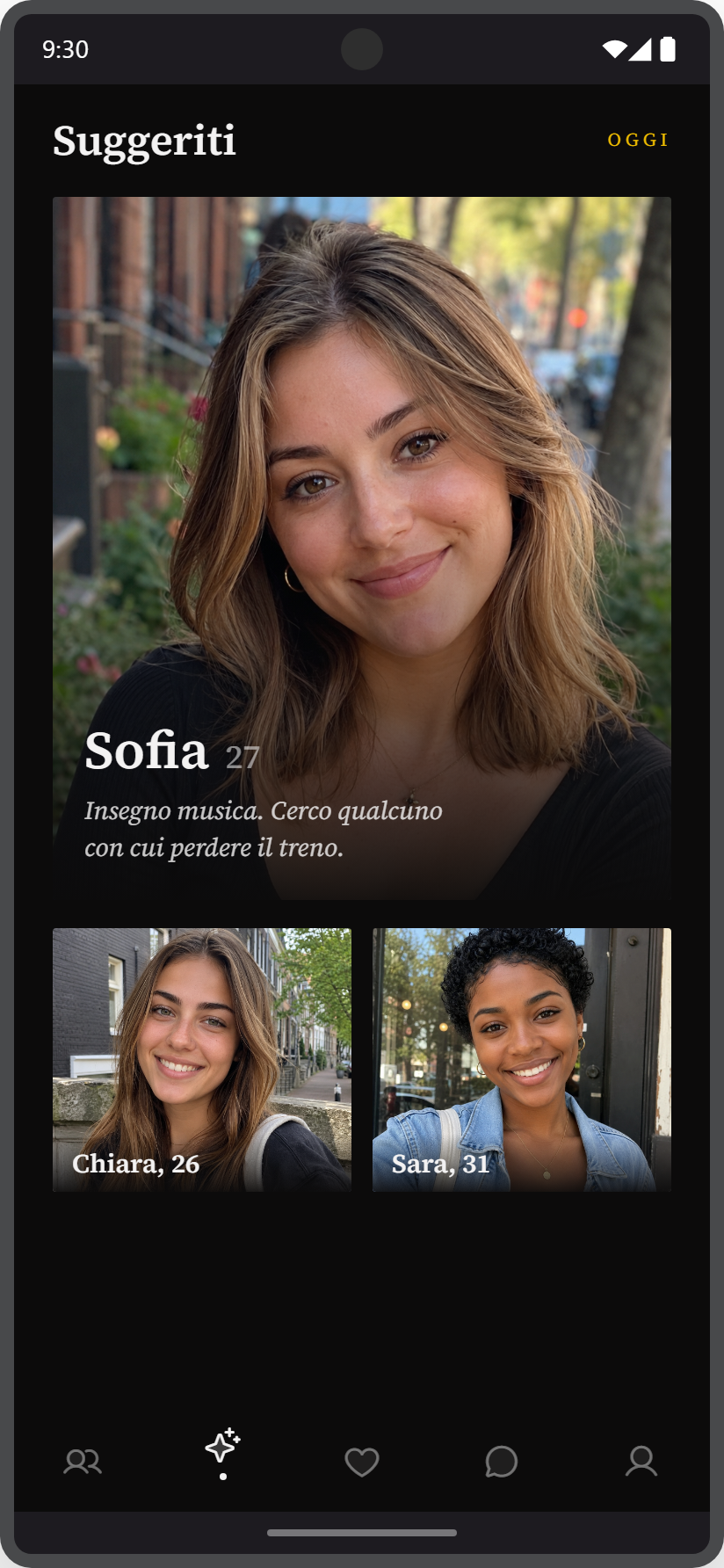 Suggestions screen: a daily selection of profiles with name, age and description