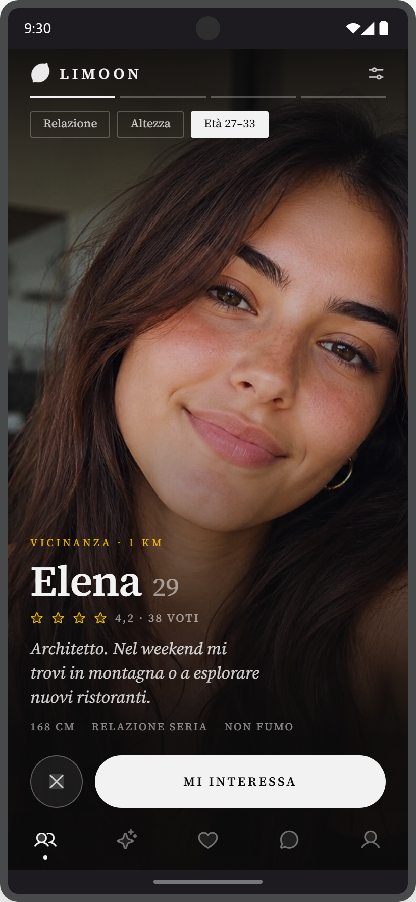 LiMoon's Find screen: Elena's profile 1 km away with her average rating and the I'm interested button